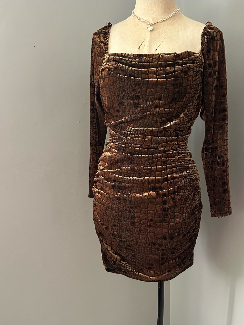 Leith Brown Croc-Embossed Velvet Long Sleeve Mini Dress
